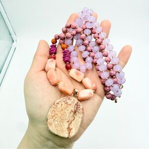 Pastel Beaded Statement Necklace with Stone Pendant, Pink & Lilac